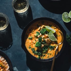 black ceramic bowl with soup