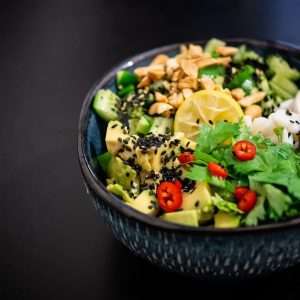 vegetable salad in gray bowl