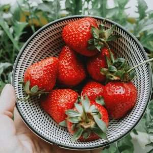 strawberries on white and black round basket