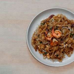 a plate of food on a wooden table