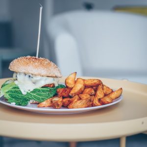 burger and fries on plate