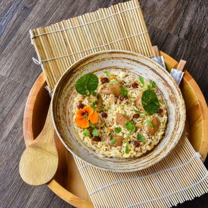 soup dish in brown ceramic bowl