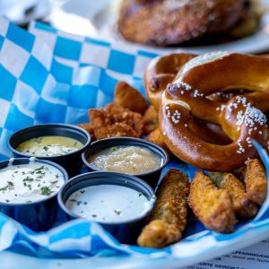 fried chicken on blue and white checkered textile