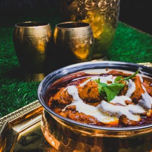 brown and white food on brown round plate