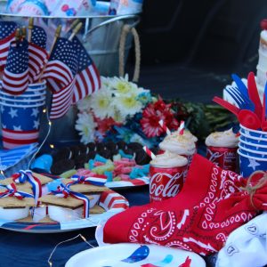 a table with food and flags